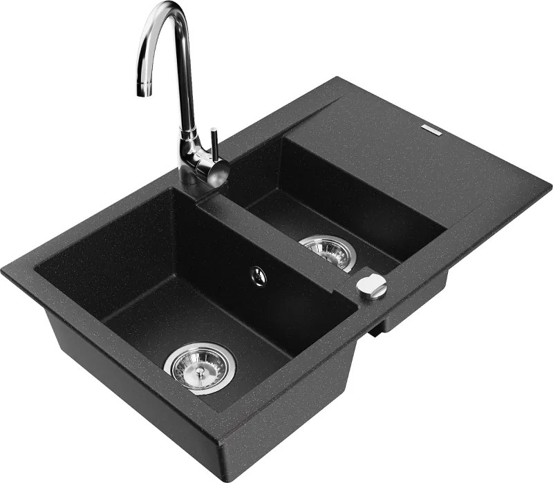 Mexen Gaspar lavello in granito 1,5 vasche con scolapiatti e rubinetto da cucina Telma, nero/argento - 6507-73-670200-00