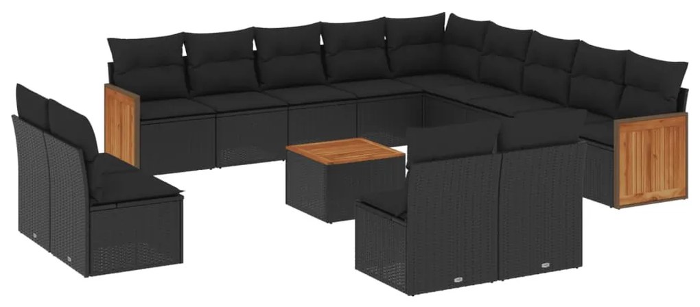 Set Divani da Giardino 14pz con Cuscini in Polyrattan Nero