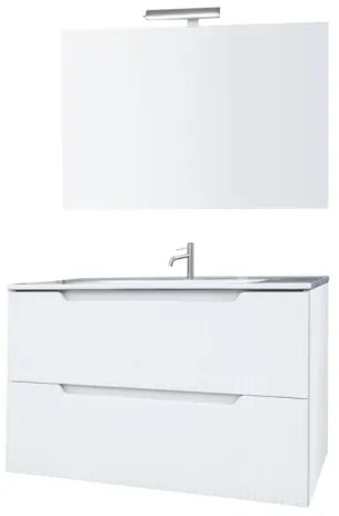 Mobile Da Bagno Cannettato 100 Cm Con Lavabo Specchio E Led LINE - Bianco Lucido