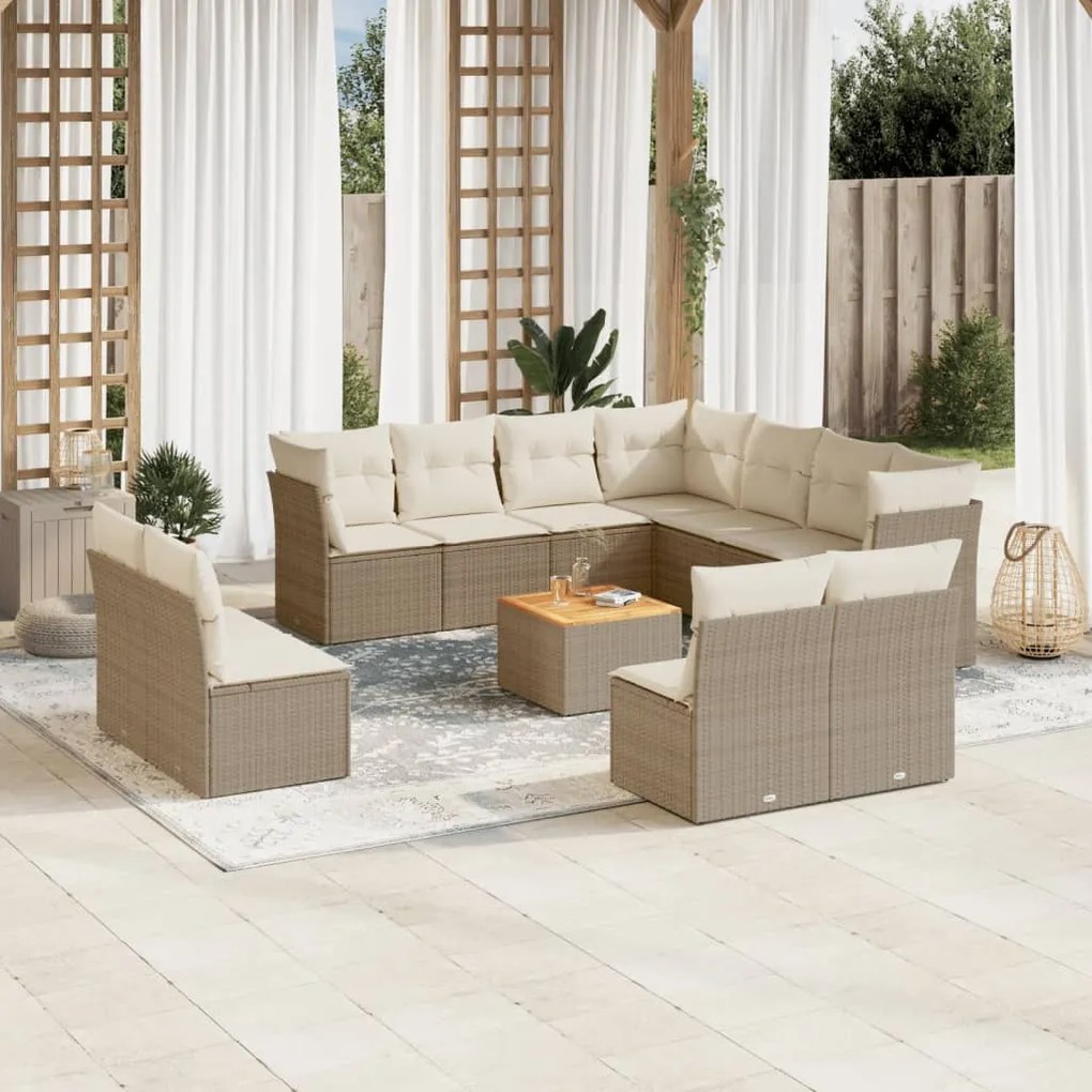 Set Divani da Giardino 12 pz con Cuscini Beige in Polyrattan