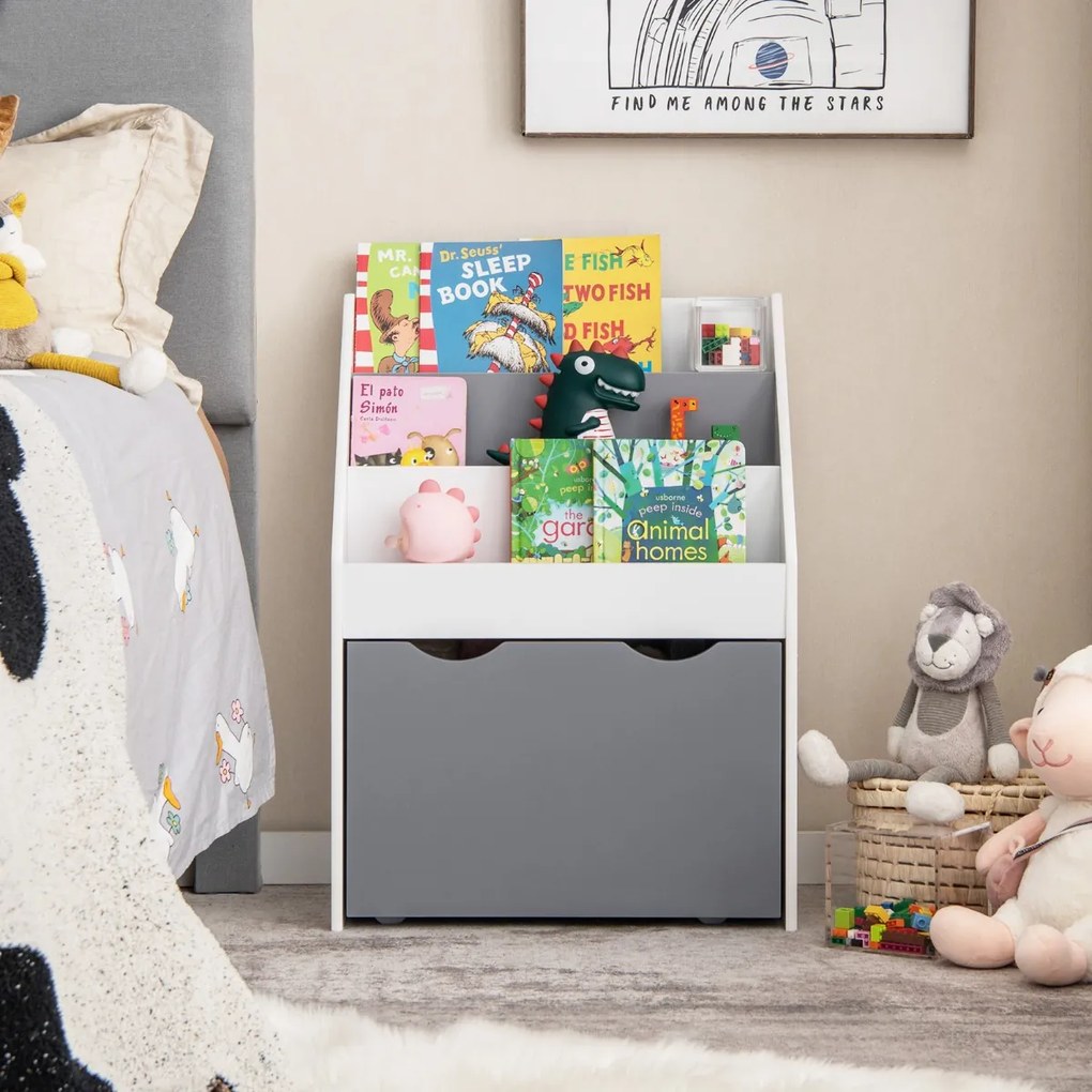 Costway Scaffale per bambini con 3 ripiani e scatola di giocattoli, Libreria perfetta per la stanza dei giochi Grigio