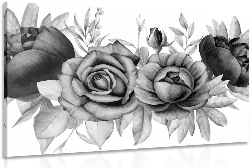 Stampa su tela – Incantevole combinazione di fiori e foglie in bianco e nero