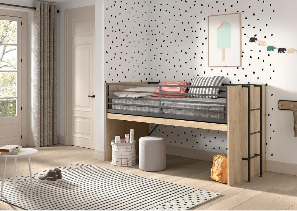 Letto da bambini rialzato di colore naturale con rete inclusa 90x200 cm Sam – Vipack