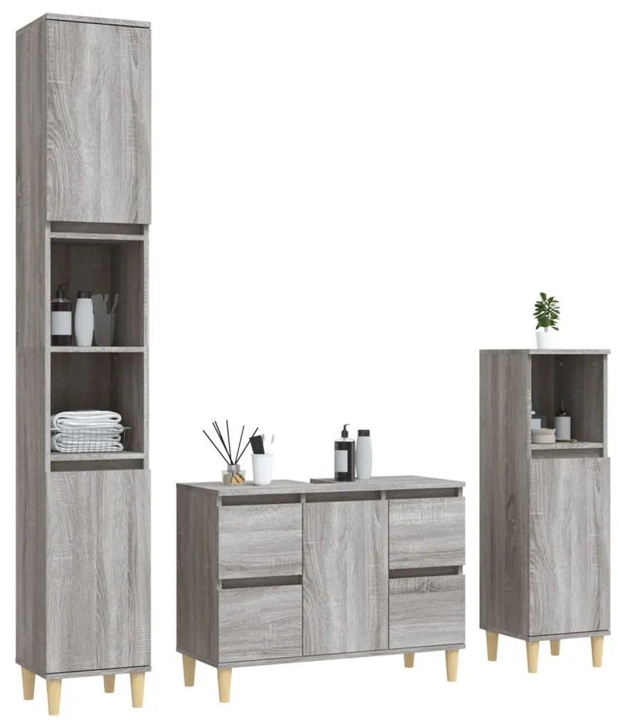 Set mobili da bagno 3 pz grigio sonoma in legno multistrato