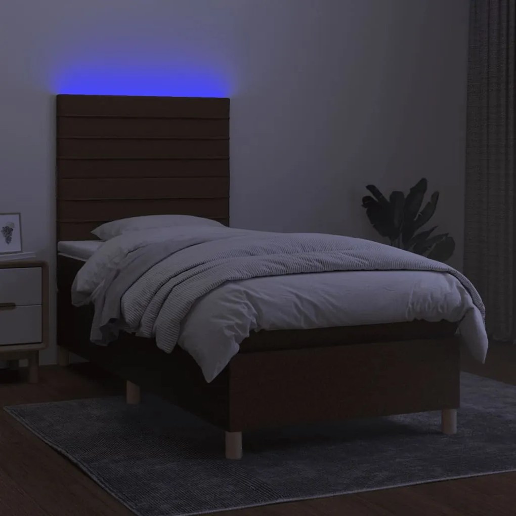 Letto a molle materasso e led marrone scuro 100x200 cm tessuto