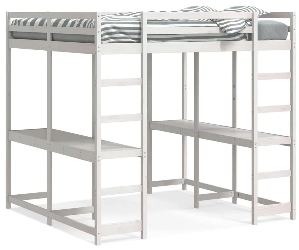 Letto Soppalco Scrivania E Scala Bianco 140x200cm Massello Pino /