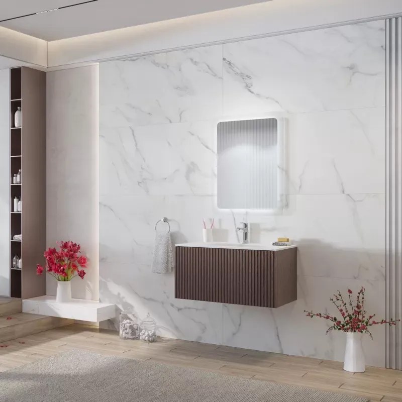 Mobile bagno sospeso 80cm effetto cannettato con lavabo incasso KDS-80L - KAMALU
