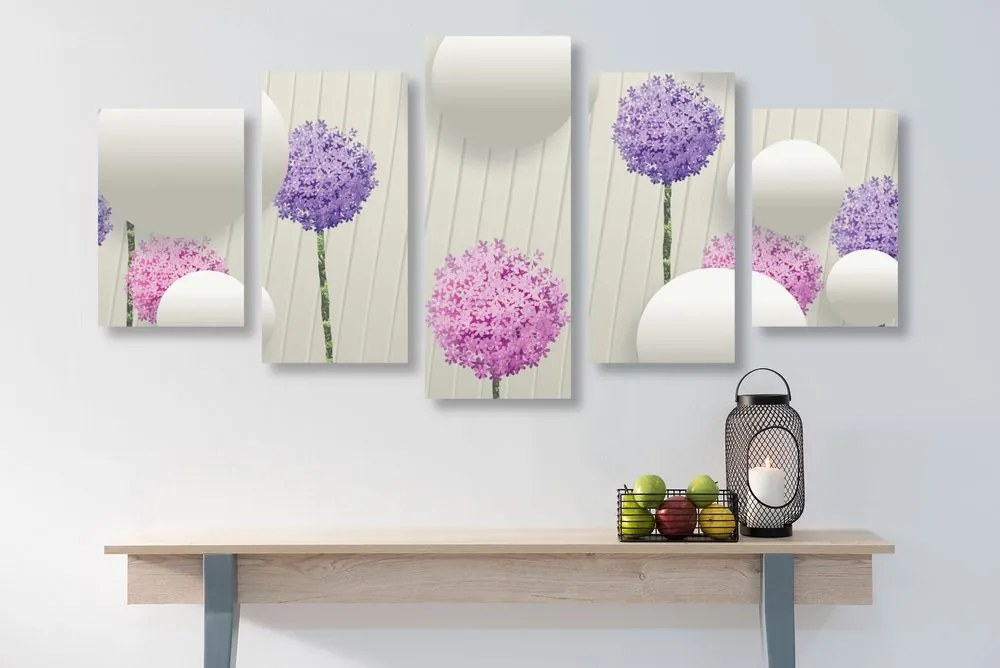 Quadri 5 pezzi – Fiori interessanti con elementi e motivi astratti