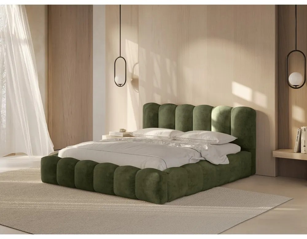 Letto matrimoniale imbottito verde con spazio contenitivo e rete 200x200 cm Lupine - Micadoni Home