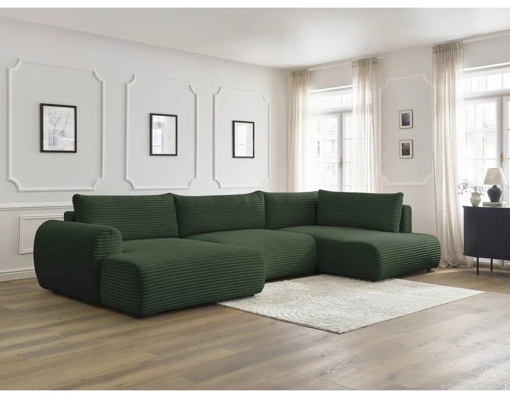 Divano angolare in verde scuro allungabile (con penisola a sinistra/a forma di "U") con rivestimento in velluto a coste Lucien – Bobochic Paris