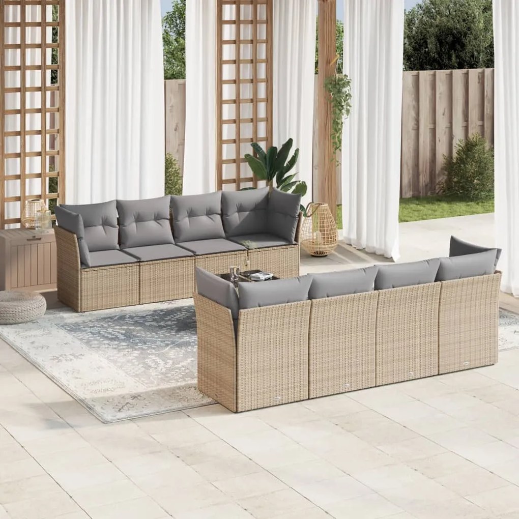 Set divano da giardino 9 pz con cuscini beige in polyrattan