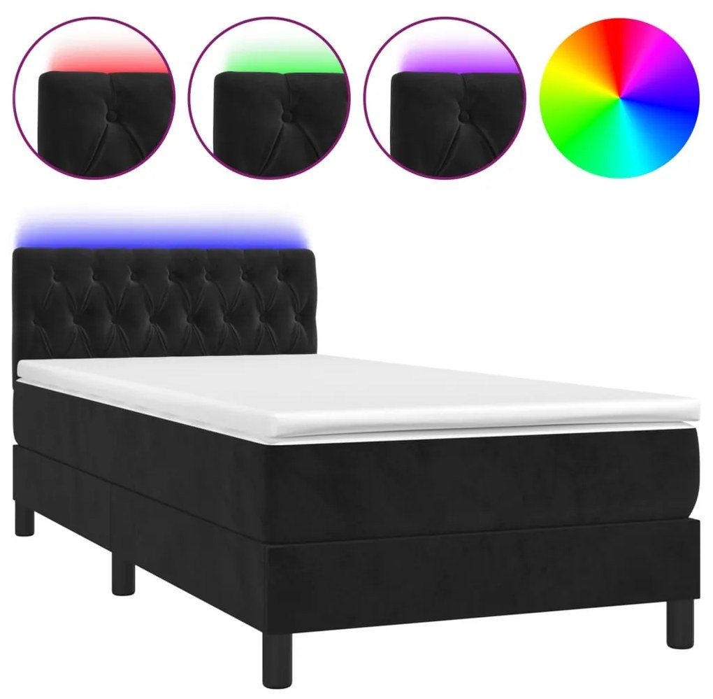 Letto a molle con materasso e led nero 100x200 cm in velluto