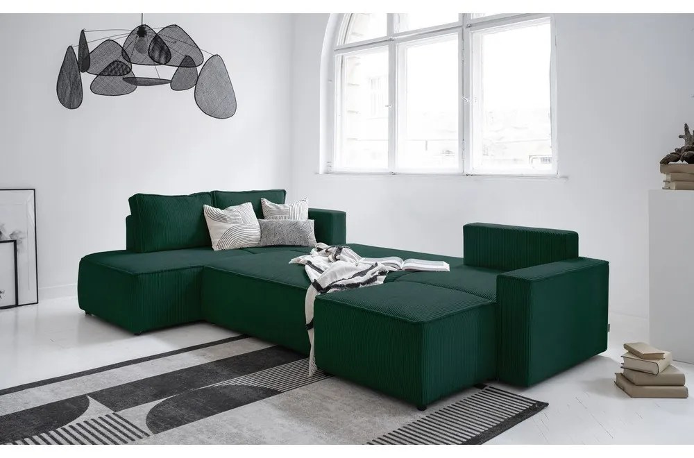 Divano letto angolare in velluto a coste verde scuro Brave Dave - Miuform
