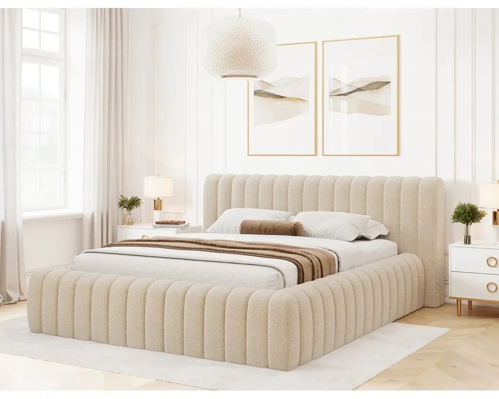 Letto matrimoniale imbottito beige con contenitore e rete inclusi 140x200 cm Carilla – ELTAP