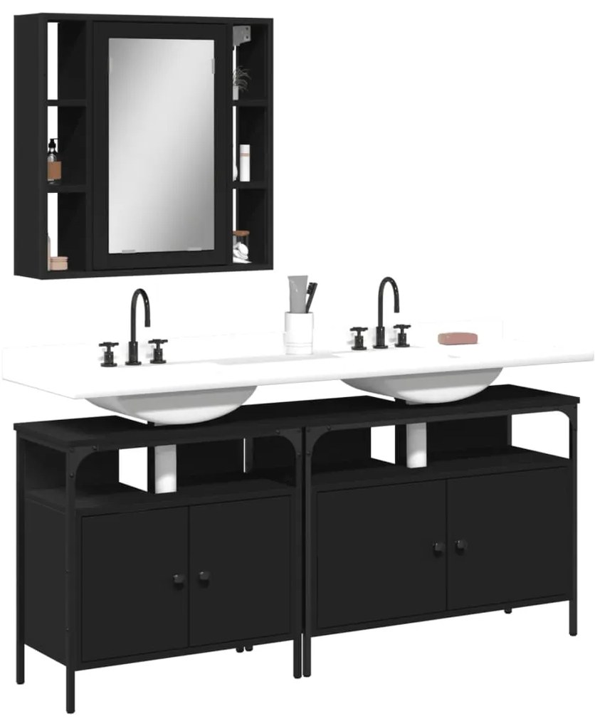 Set Di Mobili Da Bagno 3 Pz Nero İn Legno Multistrato /