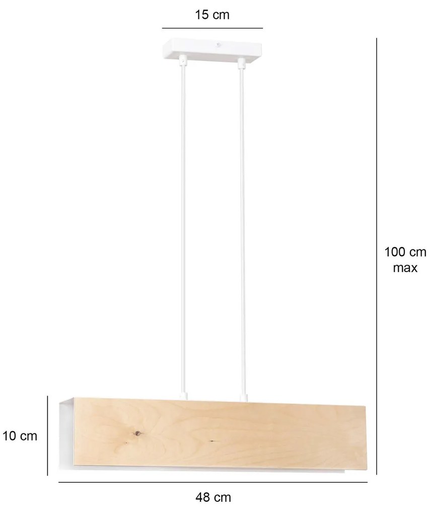 Lampadario 2 Luci Merlino In Acciaio Bianco Corpo Rettangolare E Legno Naturale