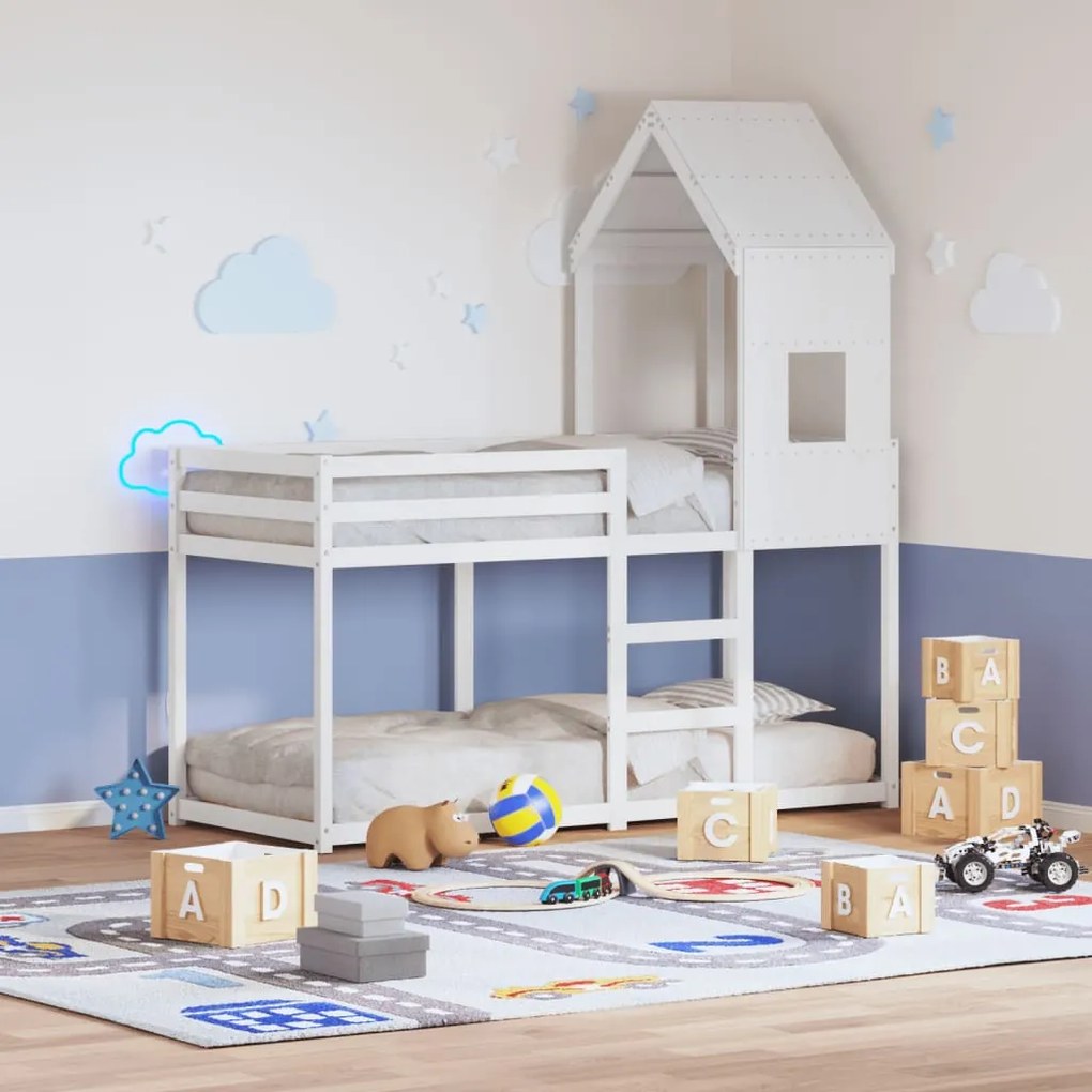 Letto A Castello Con Tetto Bianco 90x200 Cm İn Legno Di Pino /