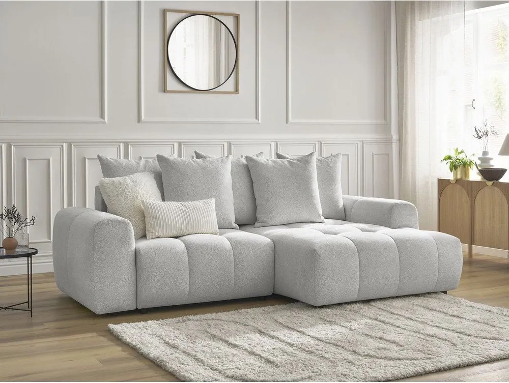 Divano angolare grigio chiaro allungabile/con contenitore (con penisola a destra/con chaise lounge) con rivestimento in ciniglia Roxelane – Bobochic Paris