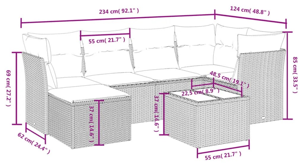 Set divani da giardino 7pz con cuscini grigio chiaro polyrattan