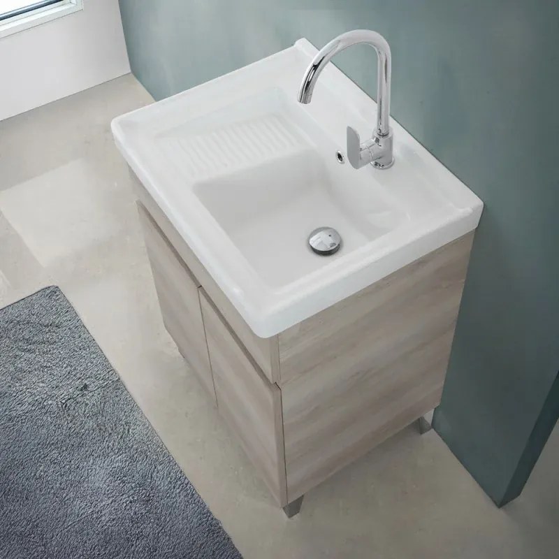 Mobile lavatoio 60x46,8 cm rovere grigio con vasca in ceramica bianca