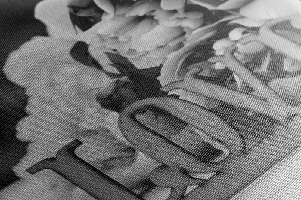 Stampa su tela – Peonie con scritta Love in bianco e nero