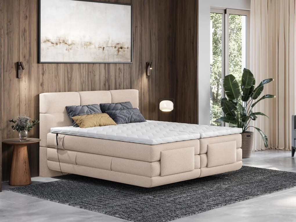 Set letto Boxspring 2x90x200 Beige LODI di PALACIO: Testata trapuntata + Rete relax elet. + Materasso + Topper