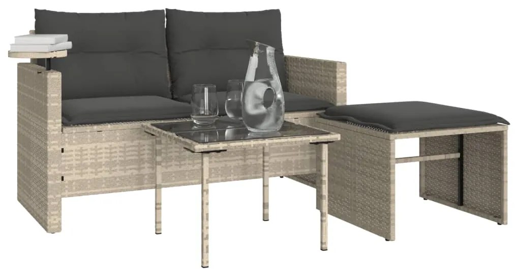 Set divano da giardino 3pz con cuscini grigio chiaro polyrattan