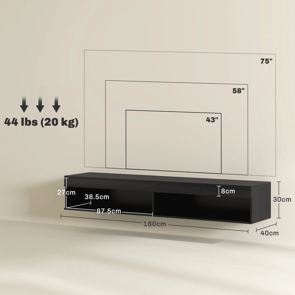Mobile TV fino 75" Sospeso con Luci LED 16 Colori e Telecomando 180x40x30 cm Nero...