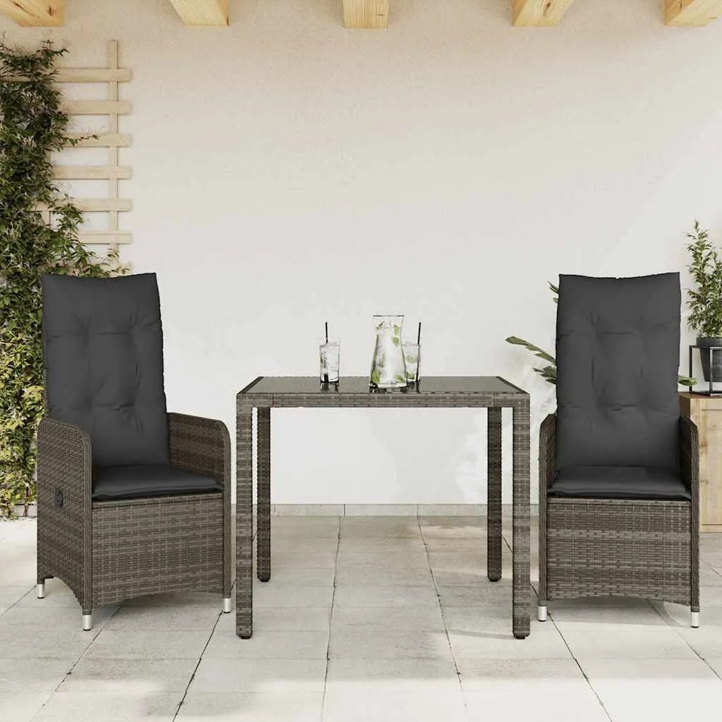 Set Bistrò Da Giardino 3 Pz Con Cuscini İn Polyrattan Grigio /