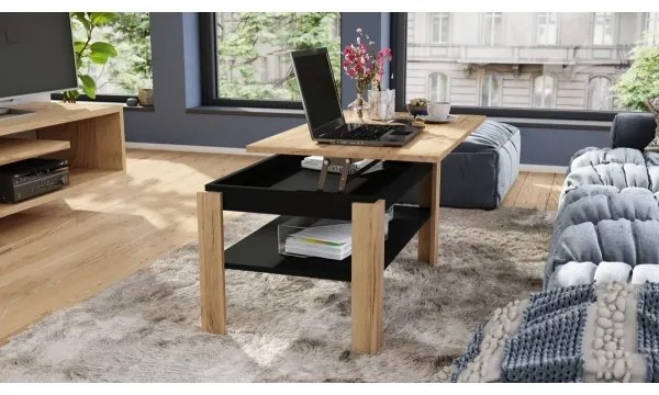 Tavolino pieghevole con piano sollevabile con mensola ADEN quercia/nero