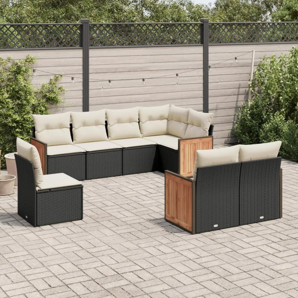 Set divani da giardino con cuscini 8 pz nero in polyrattan