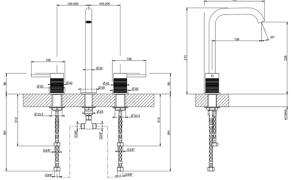 Gruppo lavabo 3 fori con bocca alta senza scarico steel brushed Trame 54311 Gessi