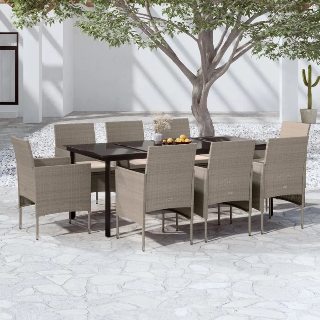 Set da pranzo per giardino 9 pz con cuscini beige e nero