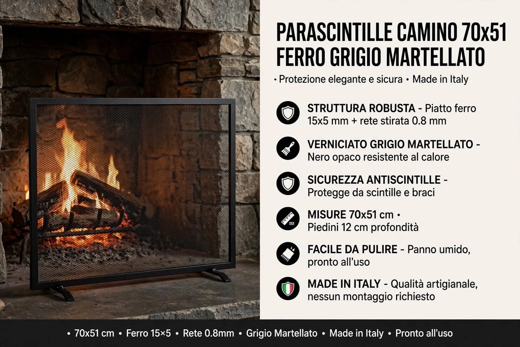Parascintille per Camino 70x51 in Ferro Verniciato Grigio Martellato...