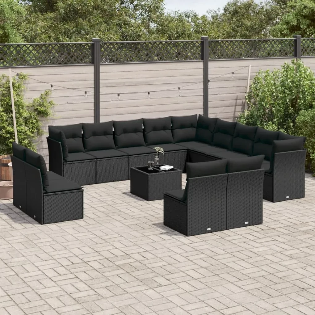 Set divani da giardino 14pz con cuscini in polyrattan nero