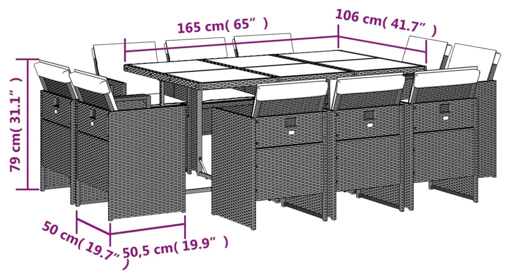 Set pranzo da giardino 11 pz con cuscini beige misto polyrattan