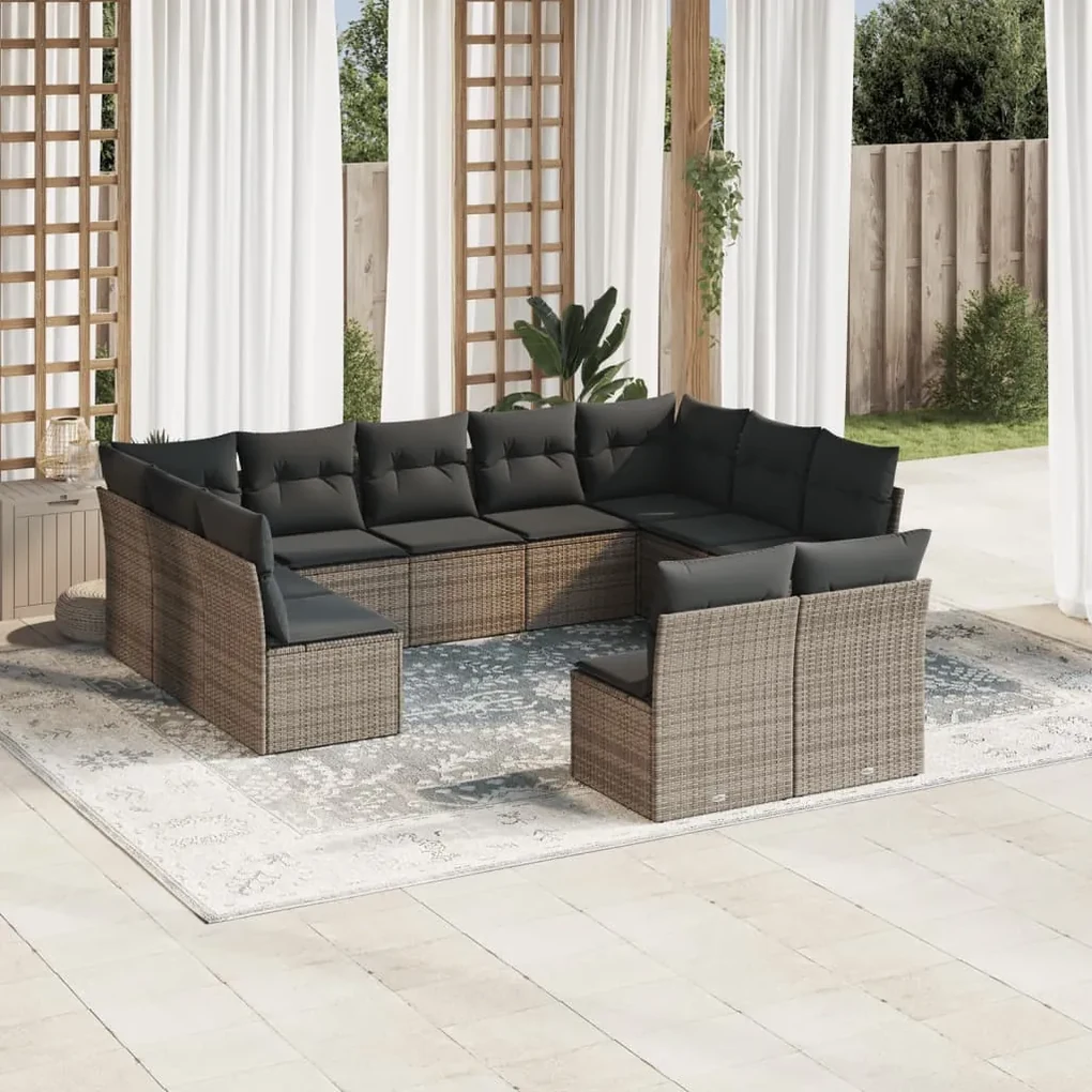 Set divani da giardino 11 pz con cuscini in polyrattan grigio