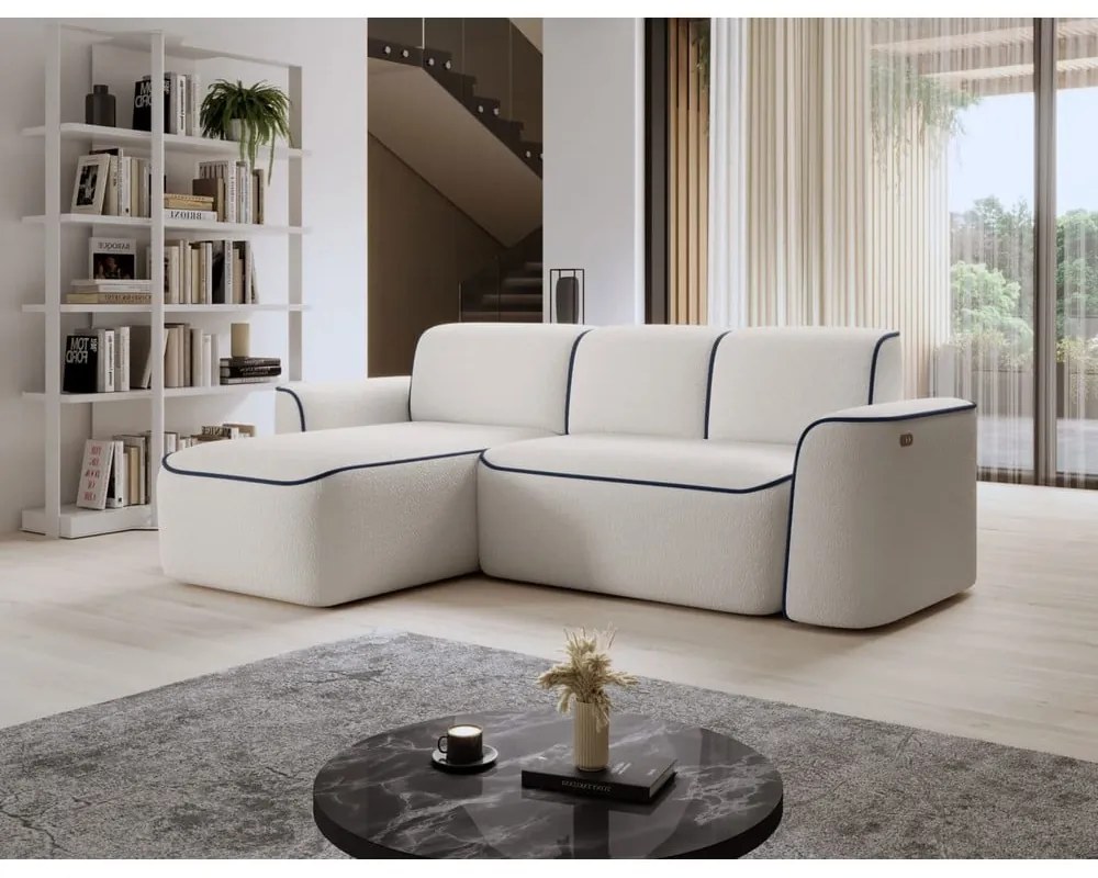 Divano angolare blu/color crema (con penisola a sinistra/con chaise lounge) e rivestimento in bouclé Ume – ELTAP