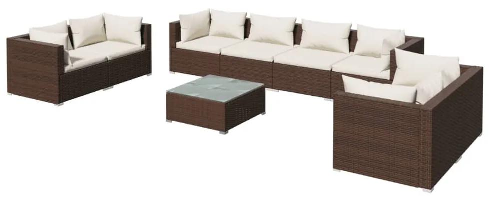 Set divani da giardino 9 pz con cuscini in polyrattan marrone