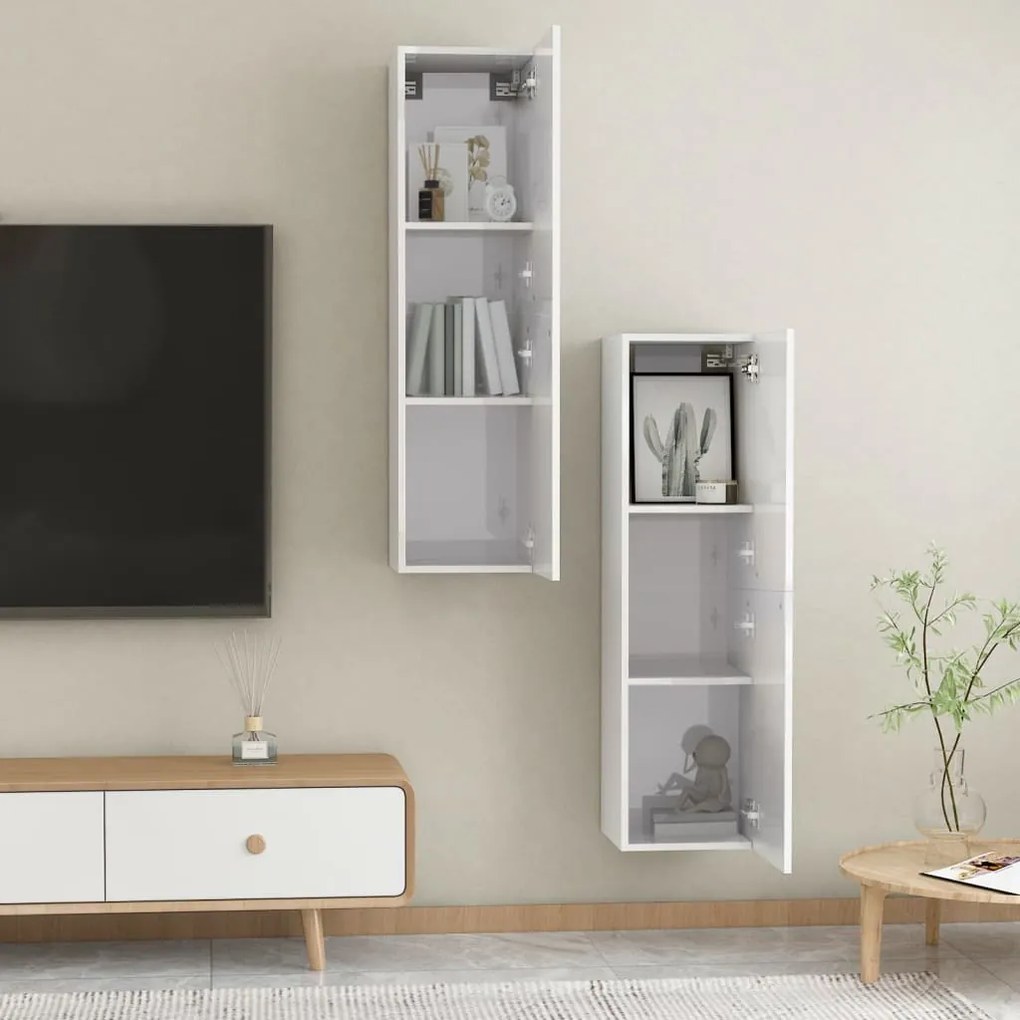 Mobili TV 2pz Bianco Lucido 30,5x30x110 cm Legno Multistrato