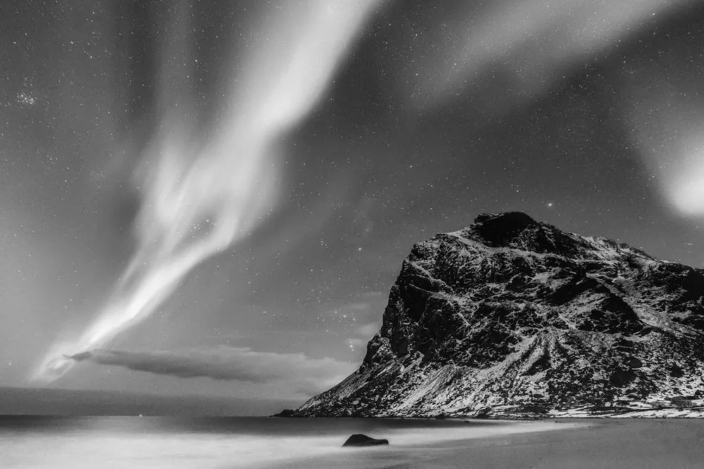 Stampa su tela – Aurora boreale in Norvegia in bianco e nero