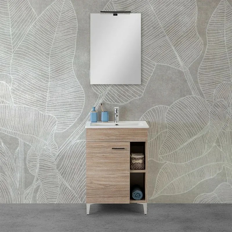 Mobile bagno a terra 60 cm rovere tropea con 1 anta lavabo e specchio Martha