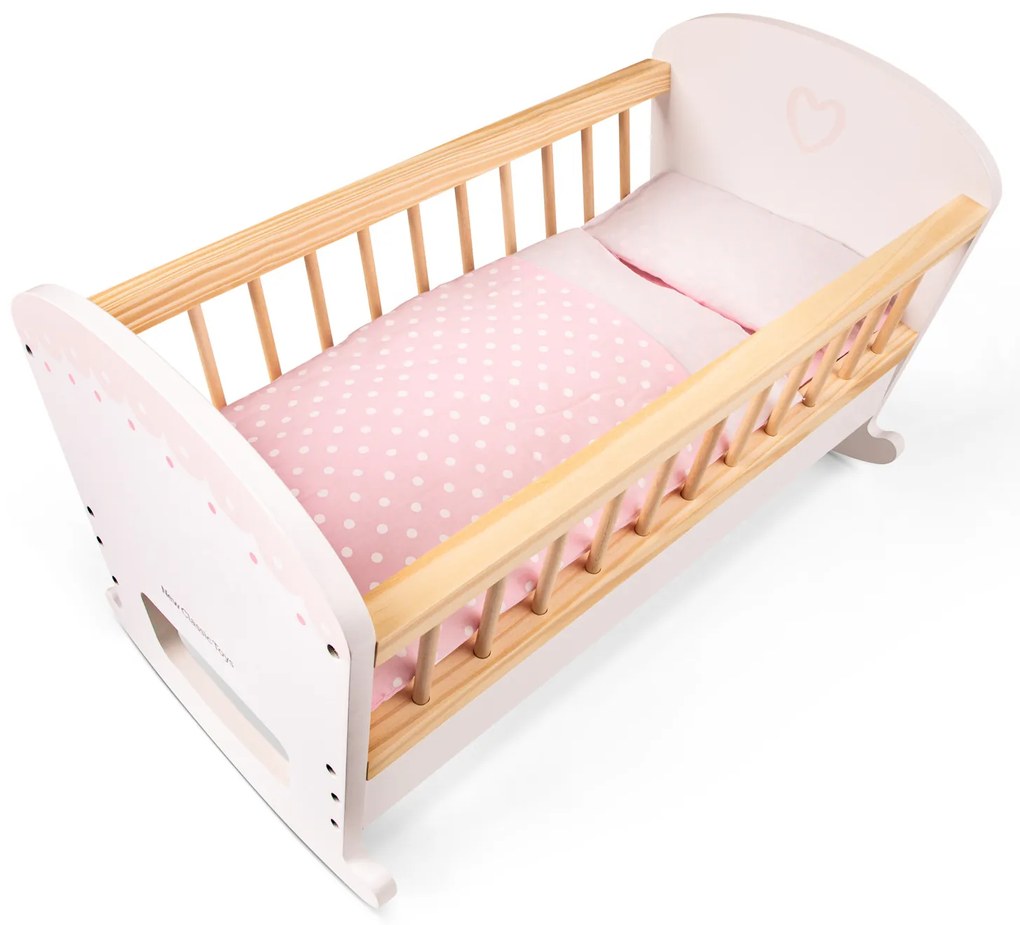 Culla per bambole in legno con materasso, coperta e cuscino