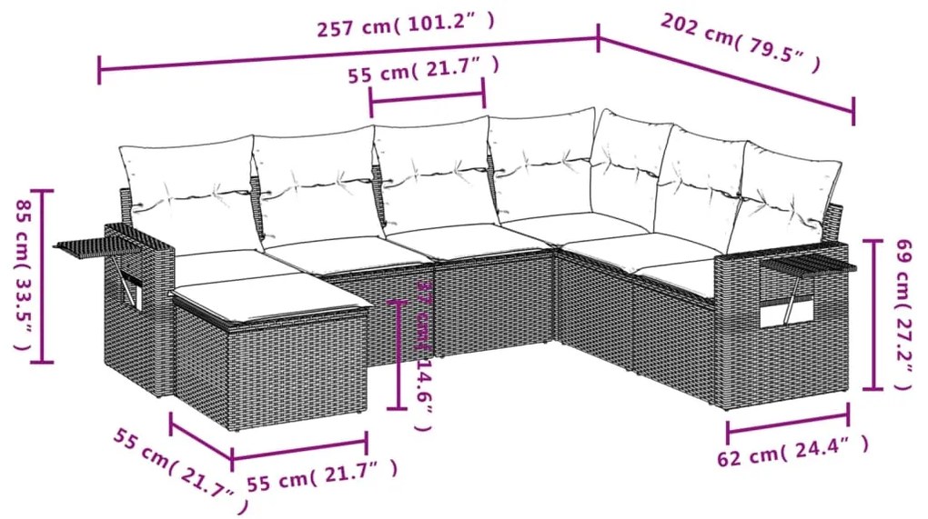 Set divani da giardino 7 pz con cuscini beige in polyrattan