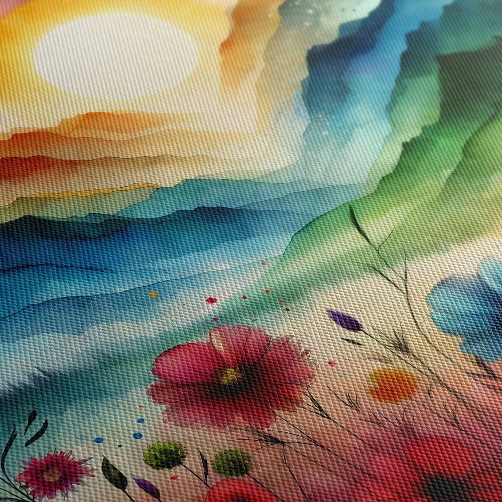 Quadro su tela – Paesaggio fiabesco con fiori e sole