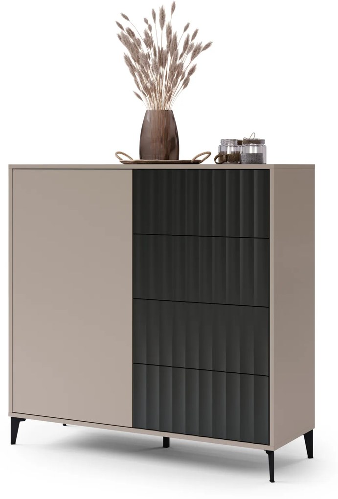 Comò RIMINI K-123S Beige Taupe/Nero Opaco - MODERNO MOBILE CON CASSETTI E ANTE SCANALATE