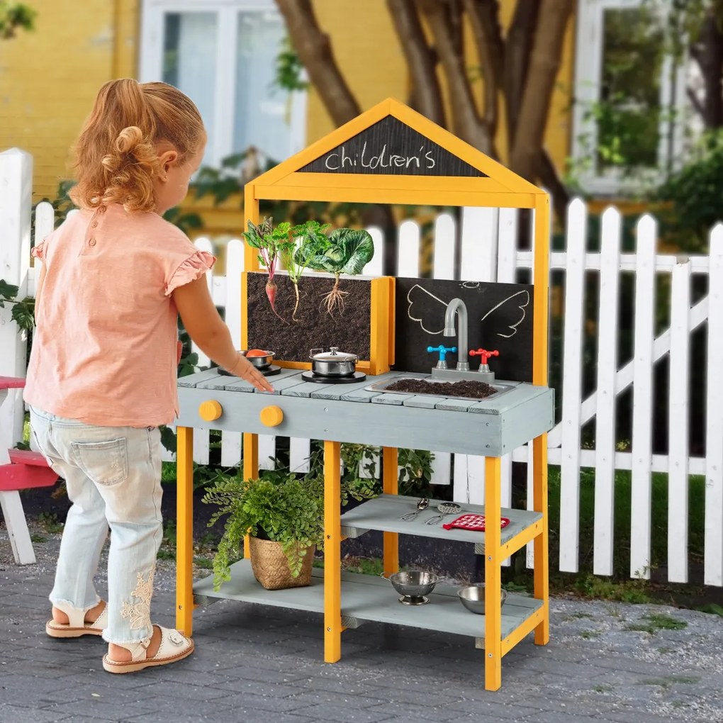 Costway Set cucina da gioco per bambini in legno con 2 lavagnette, Cucina da giardino con rubinetto girevole e accessori per bambini 3 anni