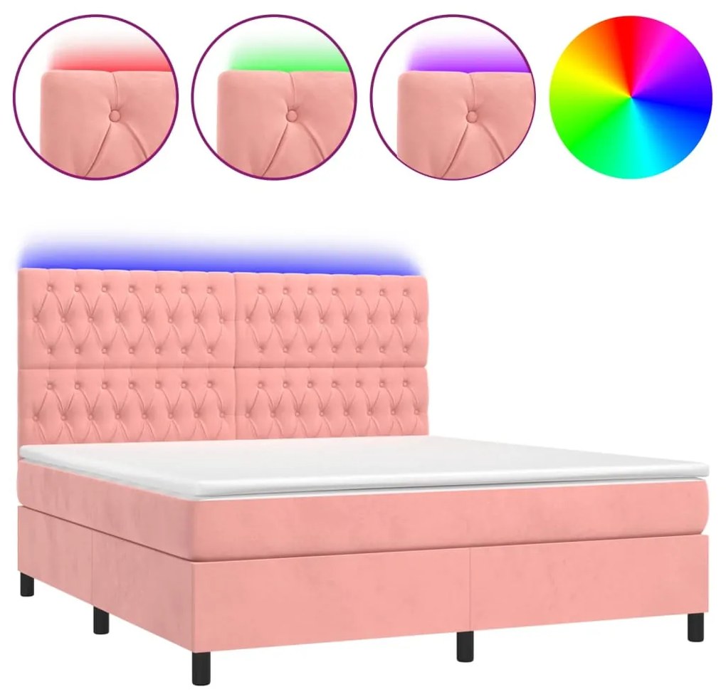 Letto a molle con materasso e led rosa 180x200 cm in velluto