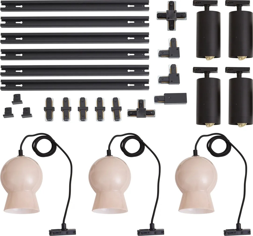Sistema a binario moderno nero con 4 faretti e 3 lampade a sospensione bianche monofase - Iconic Bell Jeana Luxe