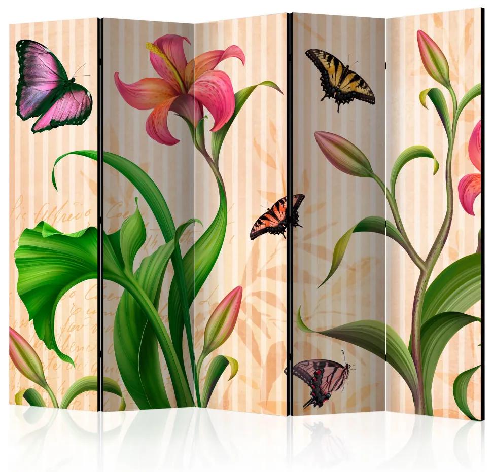 Paravento design Vintage - primavera II (5 pezzi) - composizione di piante e farfalle